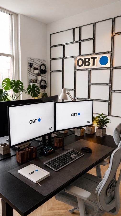 Le bureau d’OBT Agency : deux écrans affichant l’identité de l’agence, logo OBT au mur