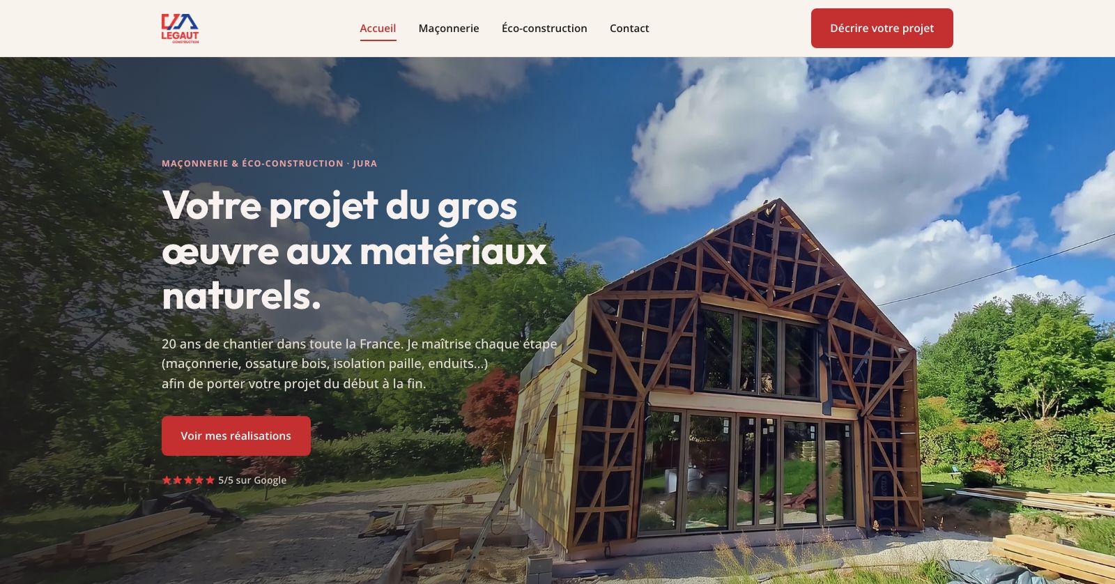 Page d’accueil du site Légaut Construction réalisé par OBT Agency